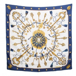 Pre Owned Hermes Navy Blue and White Key Printed Silk Square Scarf