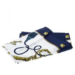 Pre Owned Hermes Navy Blue and White Key Printed Silk Square Scarf