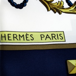Pre Owned Hermes Navy Blue and White Key Printed Silk Square Scarf
