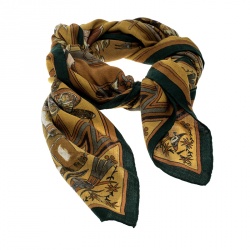 Pre Owned Hermes Mustard and Green Cashmere and Silk Printed Kachinas Scarf