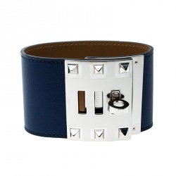 Pre Owned Hermes Kelly Dog Extreme Blue Leather Palladium Plated Wide Bracelet S
