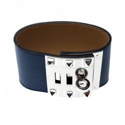 Pre Owned Hermes Kelly Dog Extreme Blue Leather Palladium Plated Wide Bracelet S
