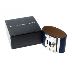 Pre Owned Hermes Kelly Dog Extreme Blue Leather Palladium Plated Wide Bracelet S