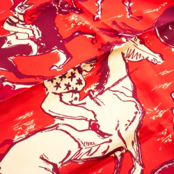 Pre Owned Hermes Red and Beige Horse and Jockey Printed Silk Square Scarf