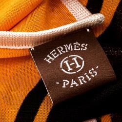 Pre Owned Hermes Orange Caleche Elastique Printed Silk Jersey Square Scarf