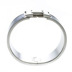 Pre Owned Hermes Clic Clac H Navy Blue Enamel Palladium Plated Wide Bracelet PM