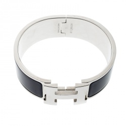 Pre Owned Hermes Clic Clac H Navy Blue Enamel Palladium Plated Wide Bracelet PM