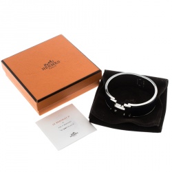 Pre Owned Hermes Clic Clac H Navy Blue Enamel Palladium Plated Wide Bracelet PM