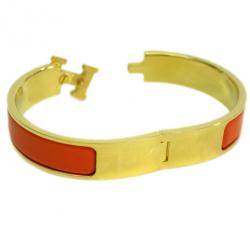 Pre Owned Hermes Clic Clac H Orange Enameled Gold-Plated Bracelet PM