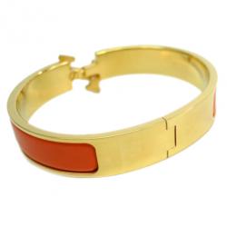 Pre Owned Hermes Clic Clac H Orange Enameled Gold-Plated Bracelet PM