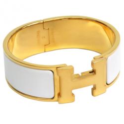 Pre Owned Hermes Clic Clac H Wide White Enamel Gold-Plated Bracelet PM