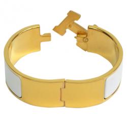 Pre Owned Hermes Clic Clac H Wide White Enamel Gold-Plated Bracelet PM