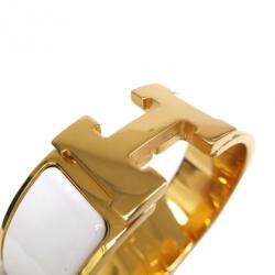 Pre Owned Hermes Clic Clac H Wide White Enamel Gold-Plated Bracelet PM