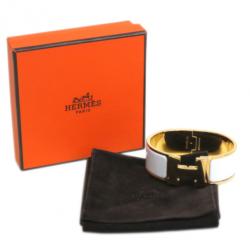 Pre Owned Hermes Clic Clac H Wide White Enamel Gold-Plated Bracelet PM