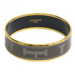 Pre Owned Hermes Wide Printed Enamel Gold-Plated Bracelet 20CM