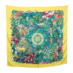 Pre Owned Hermes Yellow Au Coeur De La Vie Printed Silk Square Scarf