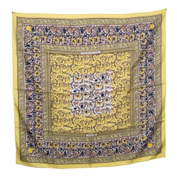 Pre Owned Hermes Chasse En Inde Yellow and White Printed Silk Square Scarf