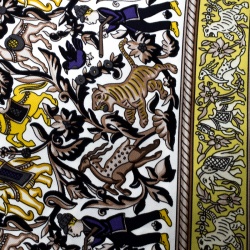 Pre Owned Hermes Chasse En Inde Yellow and White Printed Silk Square Scarf