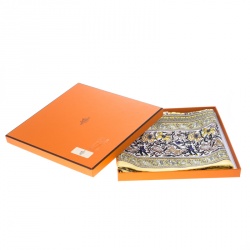 Pre Owned Hermes Chasse En Inde Yellow and White Printed Silk Square Scarf