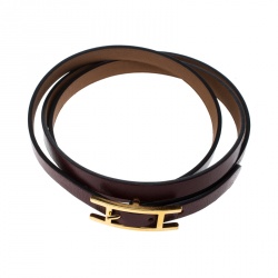 Pre Owned Hermes Hapi 3 Burgundy Leather Gold Plated Wrap Bracelet M