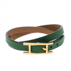 Pre Owned Hermes Hapi 3 Green Leather Gold Plated Wrap Bracelet S