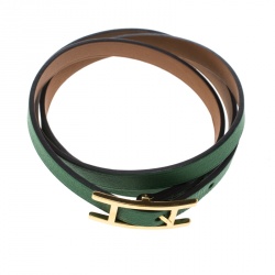 Pre Owned Hermes Hapi 3 Green Leather Gold Plated Wrap Bracelet S