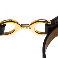 Pre Owned Hermes Dandy Pavane Black Leather Gold Plated Wrap Bracelet S