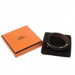 Pre Owned Hermes Dandy Pavane Black Leather Gold Plated Wrap Bracelet S