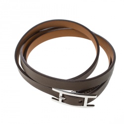 Pre Owned Hermes Hapi 3 Etoupe Leather Palladium Plated Wrap Bracelet S
