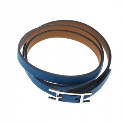 Pre Owned Hermes Hapi 3 Blue Leather Palladium Plated Wrap Bracelet S