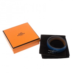 Pre Owned Hermes Hapi 3 Blue Leather Palladium Plated Wrap Bracelet S