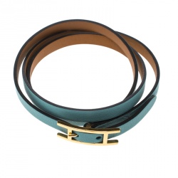 Pre Owned Hermes Hapi 3 Light Blue Leather Gold Plated Wrap Bracelet S