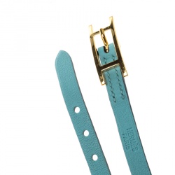 Pre Owned Hermes Hapi 3 Light Blue Leather Gold Plated Wrap Bracelet S