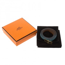 Pre Owned Hermes Hapi 3 Light Blue Leather Gold Plated Wrap Bracelet S