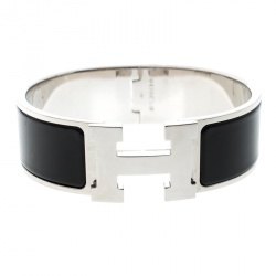 Pre Owned Hermes Clic Clac H Black Enamel Palladium Plated Wide Bracelet GM