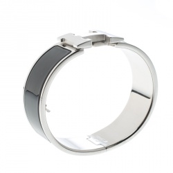 Pre Owned Hermes Clic Clac H Black Enamel Palladium Plated Wide Bracelet GM
