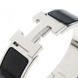 Pre Owned Hermes Clic Clac H Black Enamel Palladium Plated Wide Bracelet GM