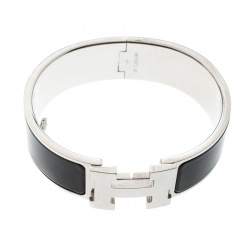 Pre Owned Hermes Clic Clac H Black Enamel Palladium Plated Wide Bracelet GM