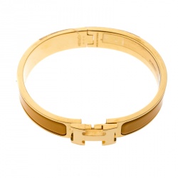 Pre Owned Hermes Clic Clac H Yellow Jaune Madras Enamel Gold Plated Narrow Bracelet PM