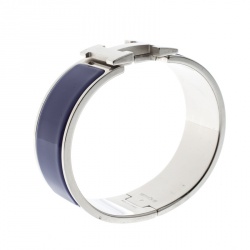 Pre Owned Hermes Clic Clac H Bleu Imperial Enamel Palladium Plated Wide Bracelet GM