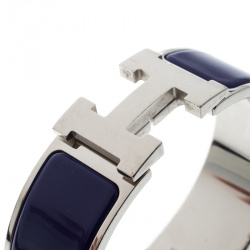 Pre Owned Hermes Clic Clac H Bleu Imperial Enamel Palladium Plated Wide Bracelet GM