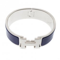 Pre Owned Hermes Clic Clac H Bleu Imperial Enamel Palladium Plated Wide Bracelet GM