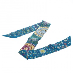 Pre Owned Hermes Blue Floral and Animal Printed Silk Twilly Scarf