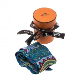 Pre Owned Hermes Blue Floral and Animal Printed Silk Twilly Scarf