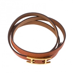 Pre Owned Hermes Hapi 3 Orange Leather Gold Plated Wrap Bracelet S