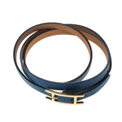 Pre Owned Hermes Hapi 3 Blue Leather Gold Plated Wrap Bracelet M