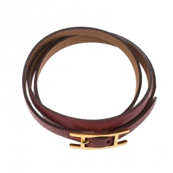 Pre Owned Hermes Hapi 3 Red Leather Gold Plated Wrap Bracelet S