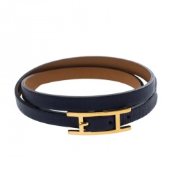 Hermes Hapi 3 Blue Leather Gold Plated Wrap Bracelet M