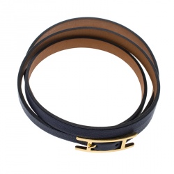Hermes Hapi 3 Blue Leather Gold Plated Wrap Bracelet M