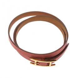 Pre Owned Hermes Hapi 3 Pink Leather Gold Plated Wrap Bracelet M